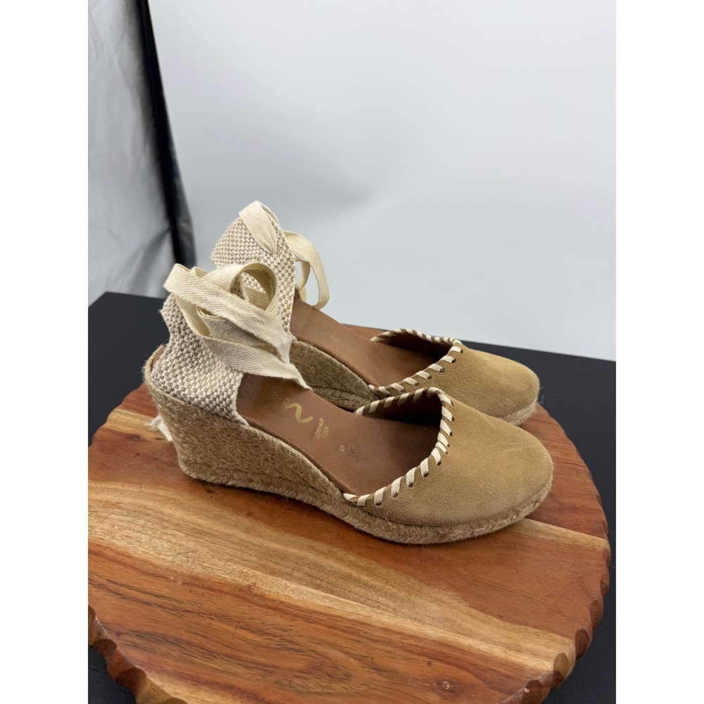 Picon Suede Espadrille Wedge Sandals Womens 9 Tan Lace Up Ankle Tie Spain